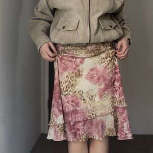 Vintage Floral Pink Cheetah Print Layered Skirt